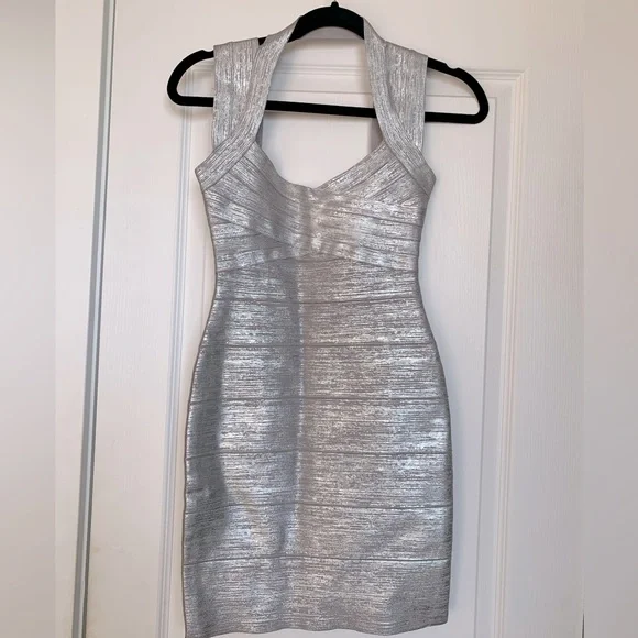 Herve Leger silver foil bandage mini dress